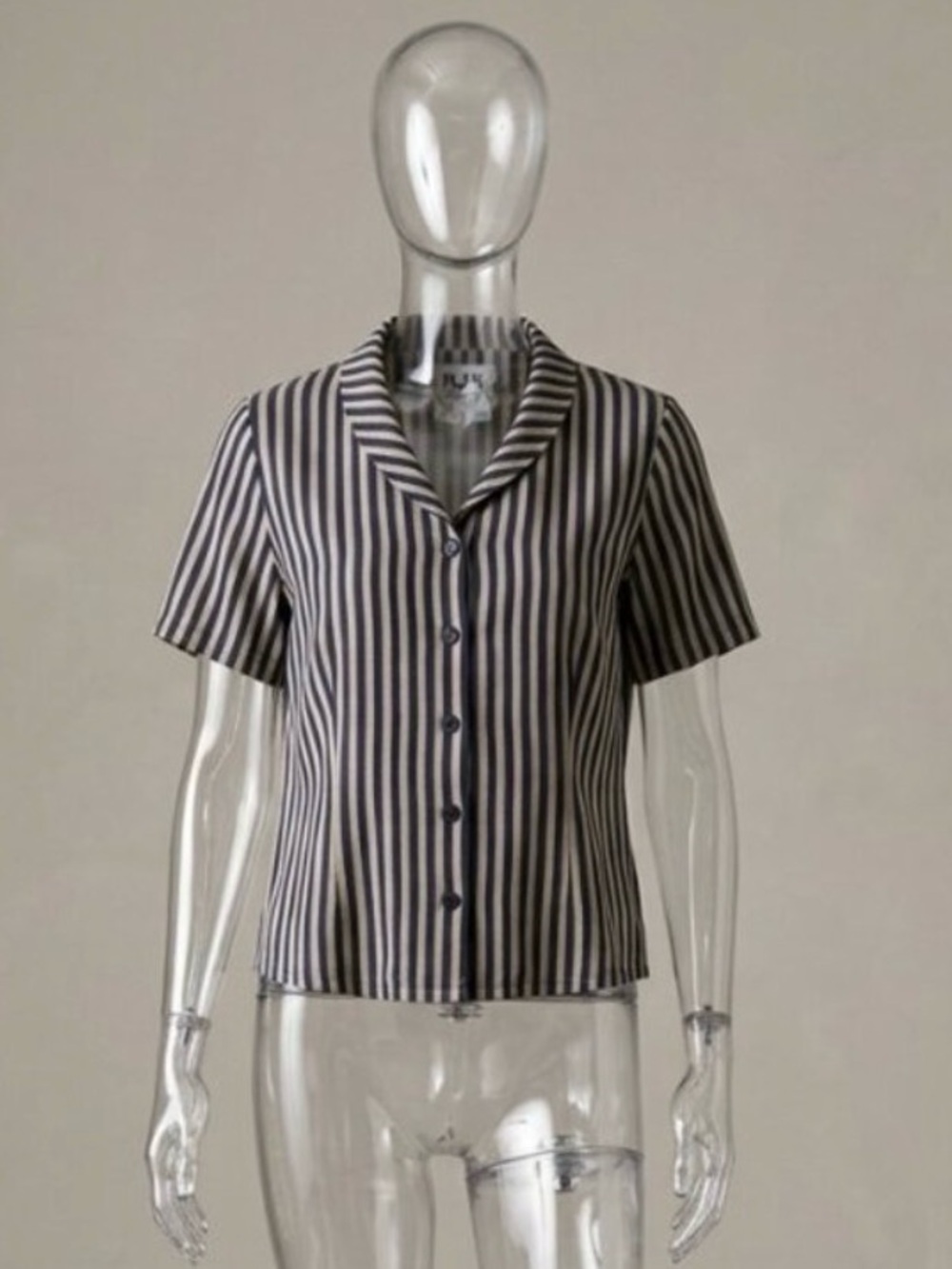 FLAX Rayon-Blend Fitted Short Sleeves Button Down Twee Top Navy/Tan Women's S